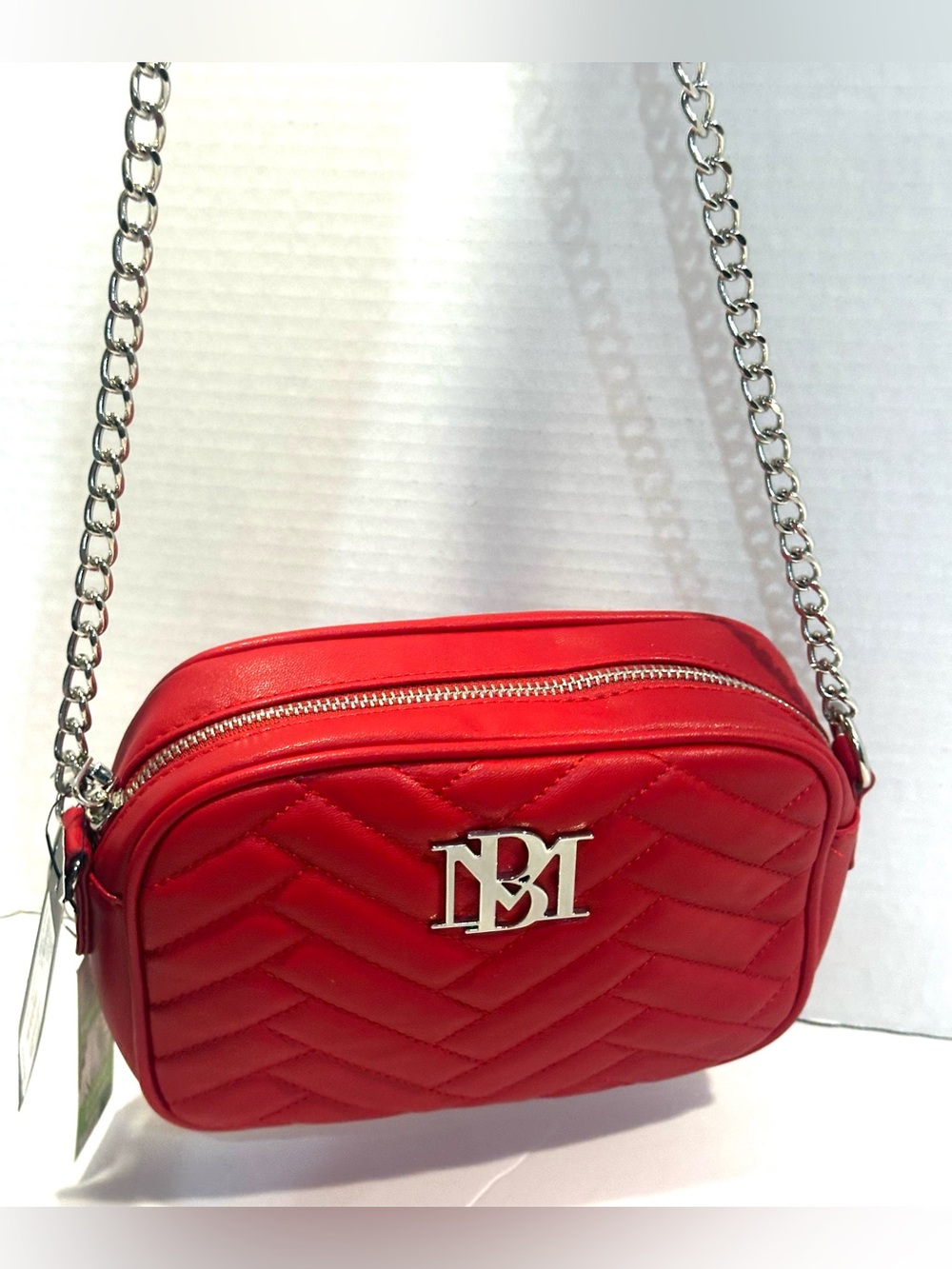 Badley Mishka Red Quilted Crossbody Camera Bag with Silver Chain